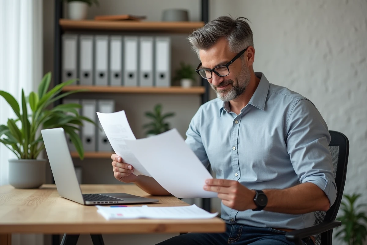 Homme d'une quarantaine d'années examine des documents de pension dans un bureau moderne