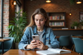 Jeune femme au café utilisant une application de traduction