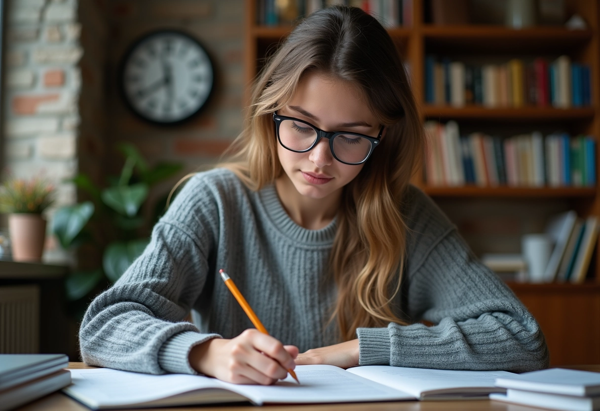 Jeune femme concentrée à son bureau avec horloge