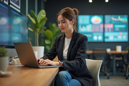 Jeune femme en coworking concentrée sur son ordinateur portable