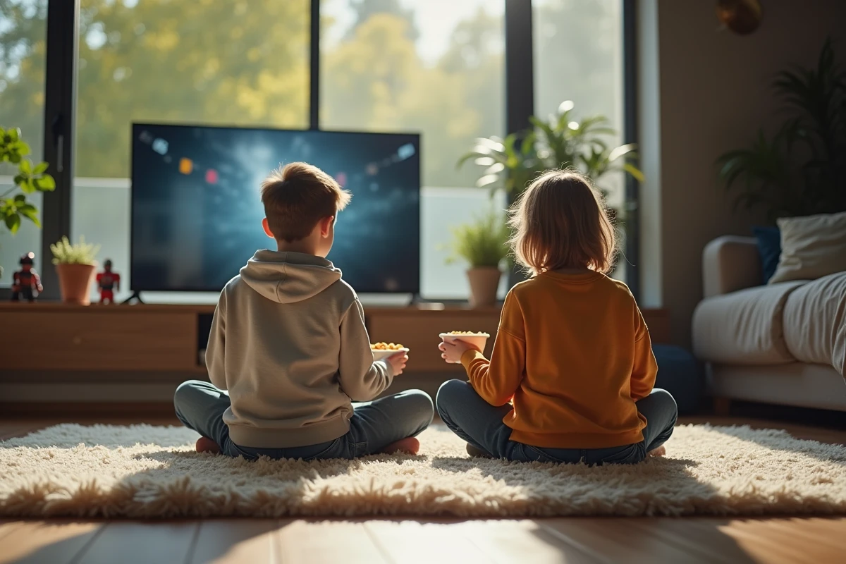 Adolescents regardant un film Marvel dans un salon lumineux