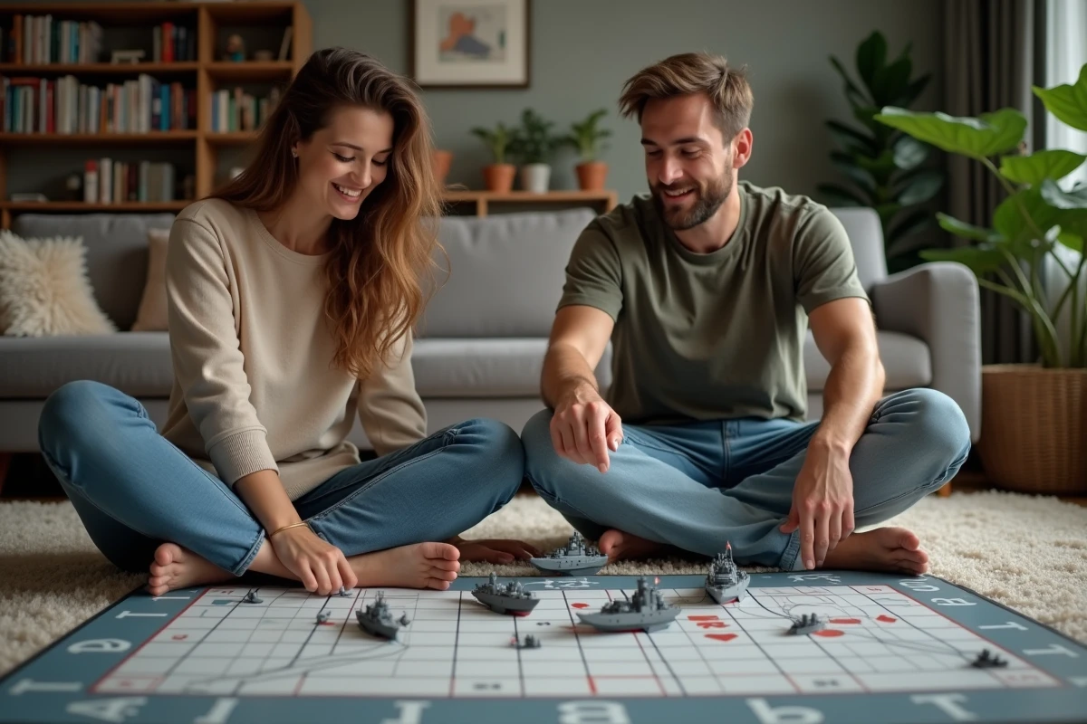 Adultes jouant à la bataille navale dans un salon cosy