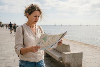Femme examinant une carte sur une promenade en bord de mer
