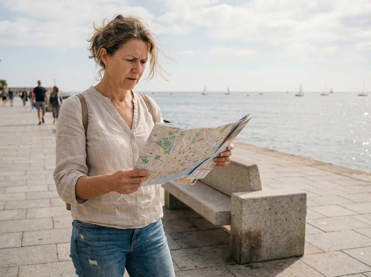 Femme examinant une carte sur une promenade en bord de mer