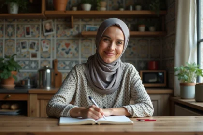 Femme en hijab écrivant dans une cuisine chaleureuse