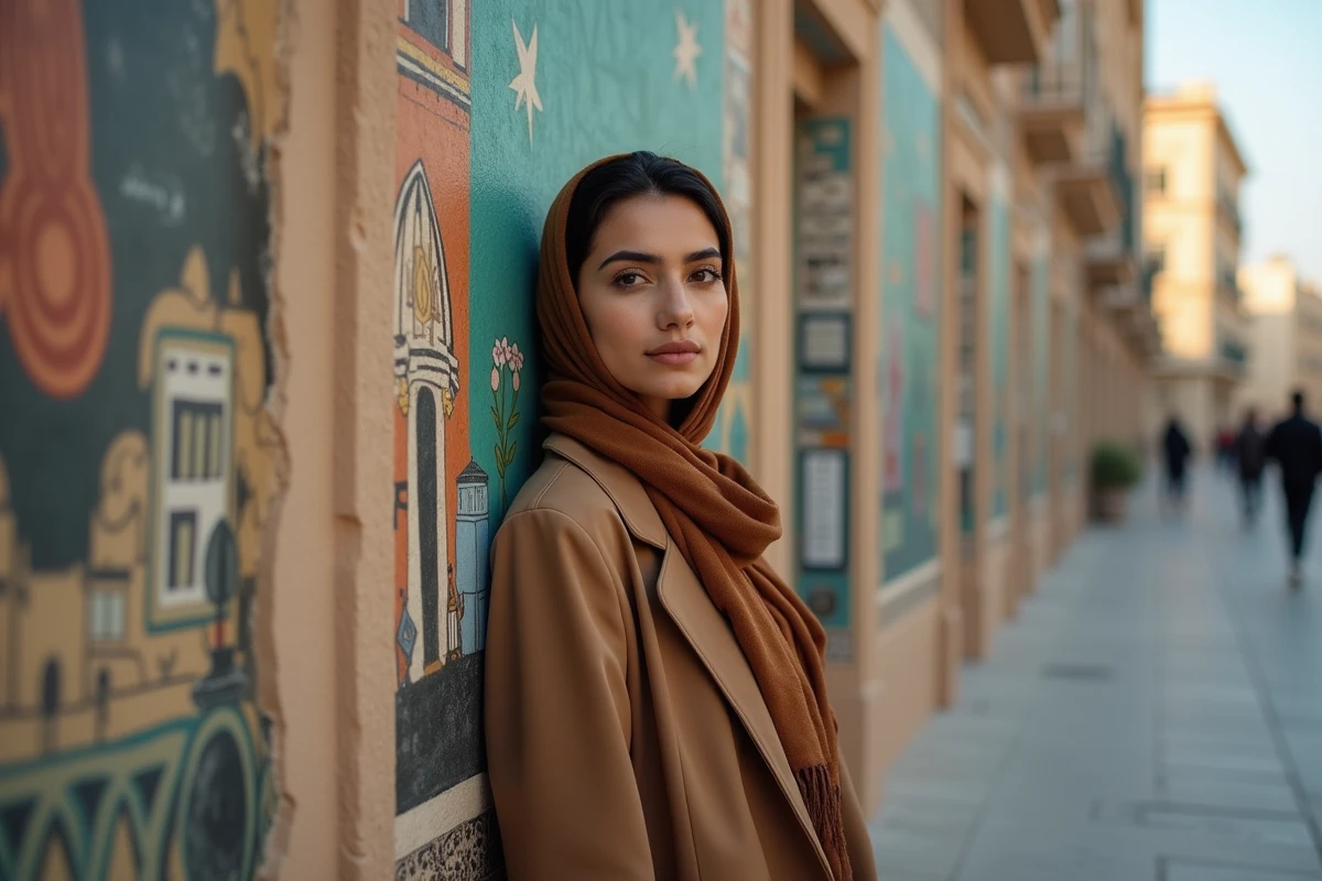 Femme debout devant un mur à motifs culturels