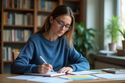 Femme en sweater bleu prenant des notes dans sa cuisine