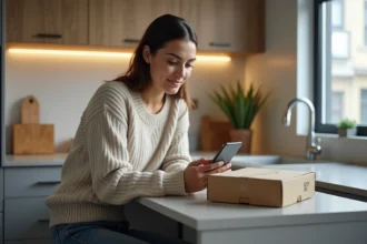 Femme en cuisine vérifiant un colis sur son smartphone