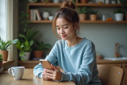 Jeune femme pensante utilisant son smartphone à la maison