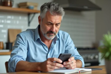 Homme d'âge moyen dans une cuisine moderne regarde son smartphone