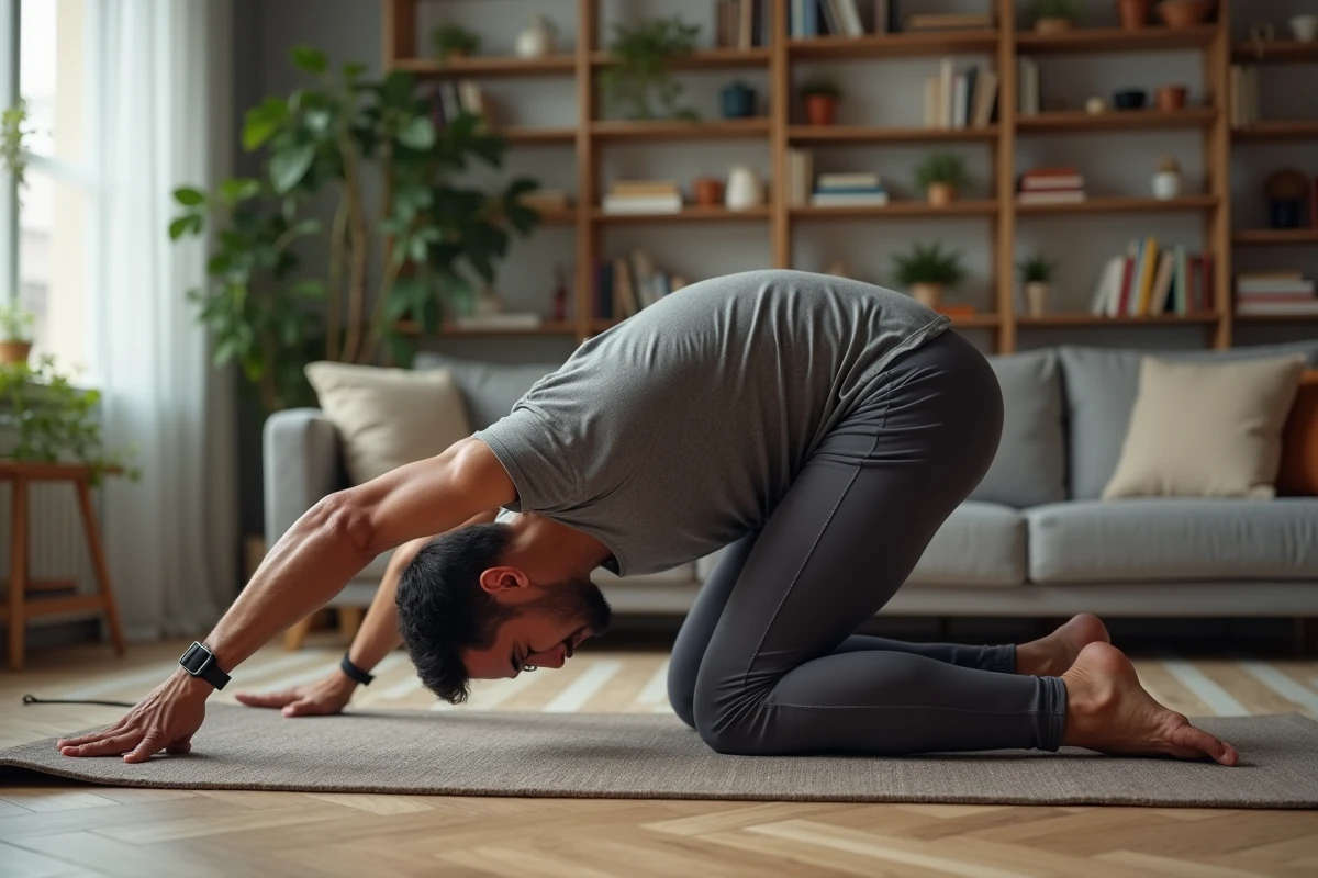 Homme sportif en étirement dans un salon cosy