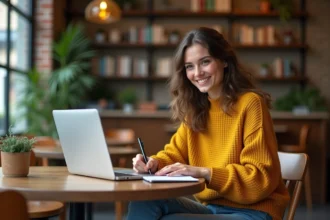 Jeune femme au café écrivant avec sourire dans un cadre créatif