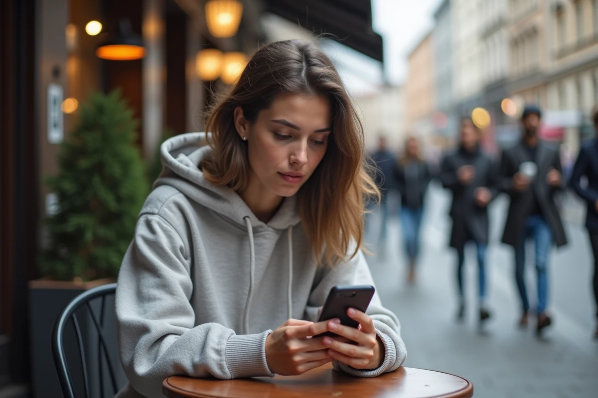 Jeune femme au café urbain utilise son smartphone pour une appli