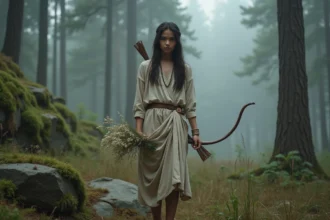 Jeune personne androgynes en tunique grecque avec arc et fleurs