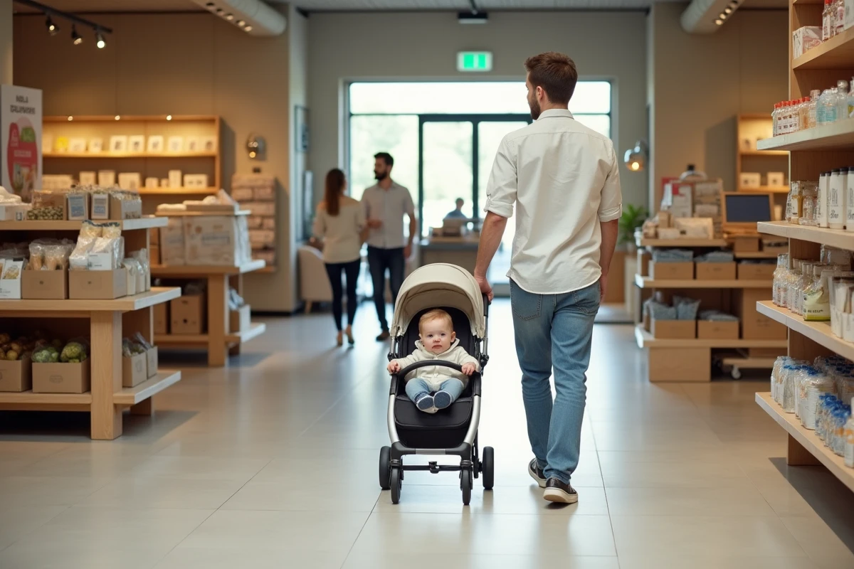 Père poussant une poussette avec son enfant à Montpellier
