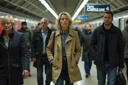 Femme dans le métro parisien en trench et sac commuter