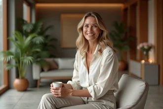 Femme souriante dans un spa avec thé et ambiance élégante