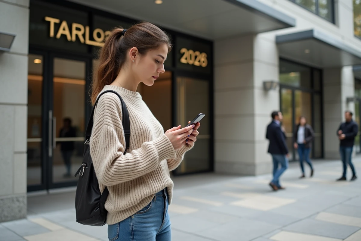 Femme regardant son smartphone devant un bâtiment Tarbob