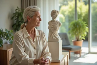 Femme d'âge moyen plaçant une statue grecque dans son salon lumineux