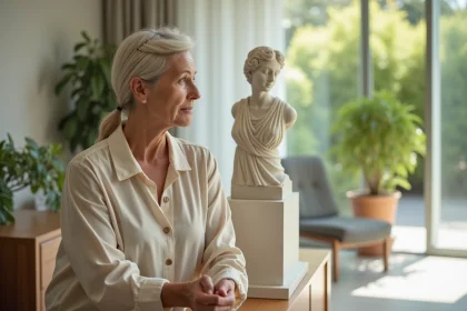 Femme d'âge moyen plaçant une statue grecque dans son salon lumineux