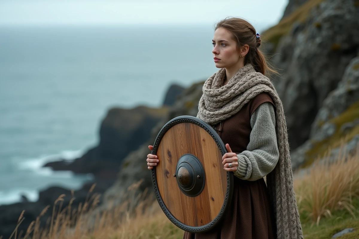 Jeune femme viking regardant la mer sur une falaise rocheuse