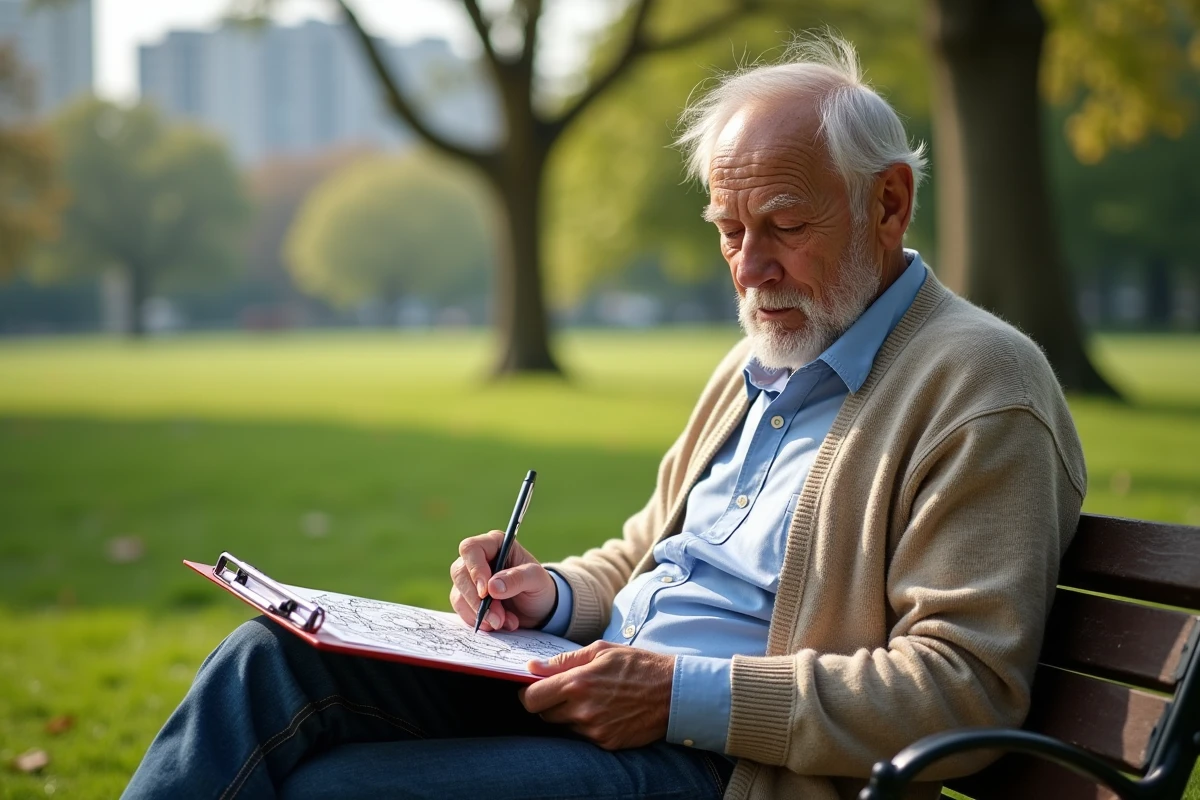Homme âgé coloriant un champignon dans un parc en plein air