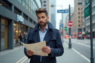 Homme en trench bleu avec carte à la main dans la ville