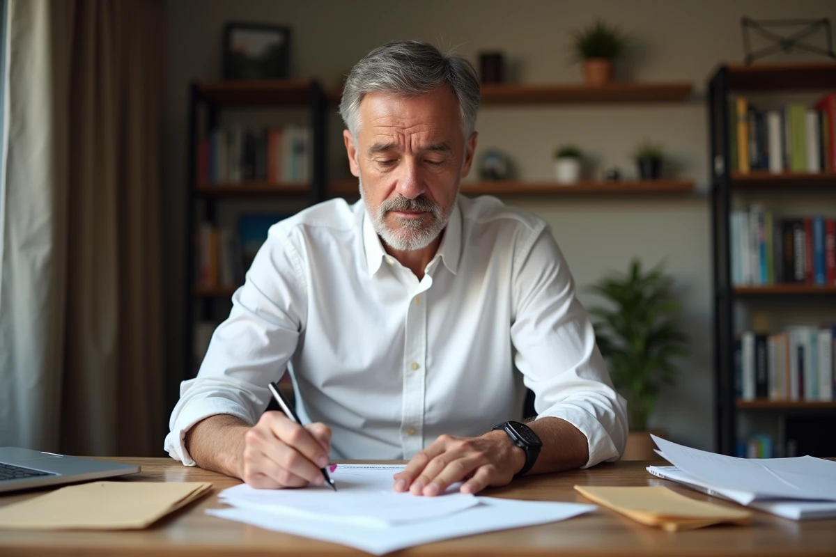 Homme français préparant un colis pour Maurice dans son bureau