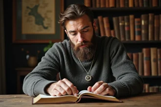 Homme barbu lisant un livre de mythologie nordique