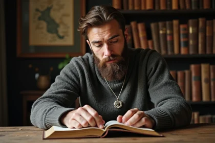 Homme barbu lisant un livre de mythologie nordique