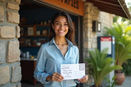 Jeune femme mauricienne souriante tenant une carte postale à la poste