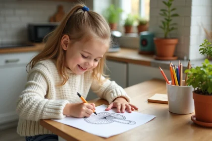 Jeune fille de 7 ans coloriant un champignon dans la cuisine