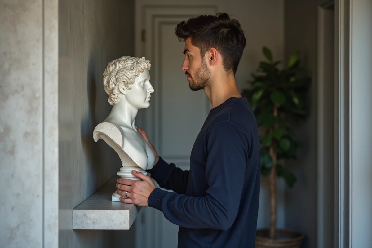 Jeune homme posant un buste grec dans son appartement urbain