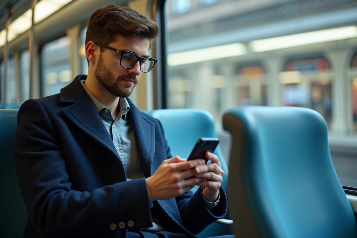 Jeune homme en manteau regardant son téléphone dans le métro