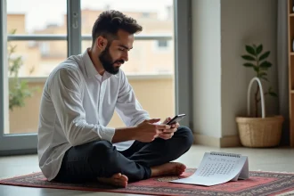 Jeune homme nord-africain avec smartphone dans un appartement