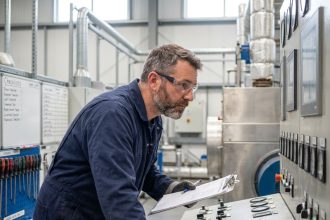 Technicien industriel homme en overalls examine un panneau de contrôle