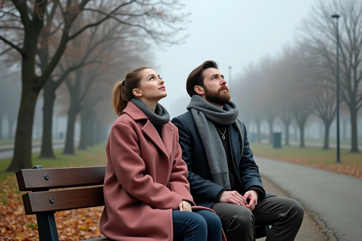 Couple de flammes jumelles assis sur un banc de parc en automne, regardant le ciel avec espoir et anticipation
