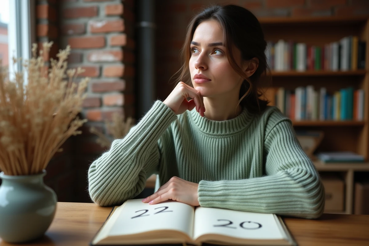 Femme méditant sur la signification des chiffres 22 et 20 dans son journal intime, concept flamme jumelle