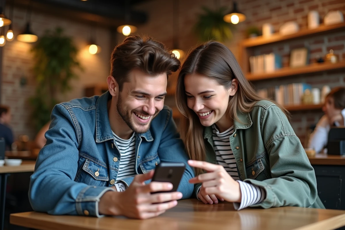 Deux amis découvrant ensemble un manhwa romantique sur smartphone dans un café urbain