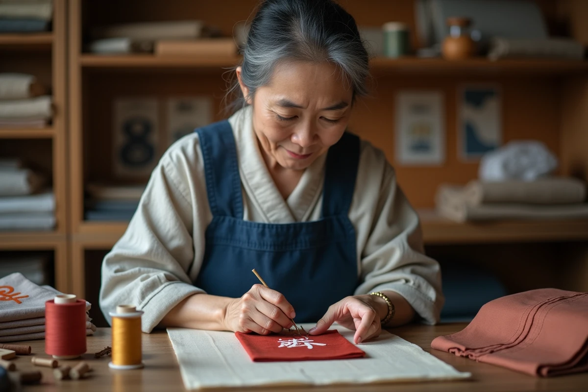 Artisane japonaise cousant à la main des caractères kanji brodés sur un porte-bonheur omamori en soie