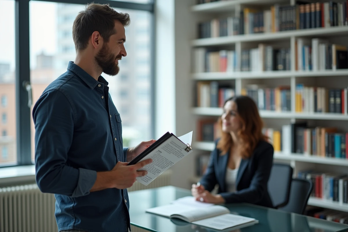 Auteur présentant son manuscrit à une éditrice dans un bureau de maison d'édition moderne avec des rayonnages de livres