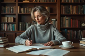 Auteure relisant son manuscrit sur un bureau en bois entouré de piles de pages imprimées dans un bureau à domicile chaleureux