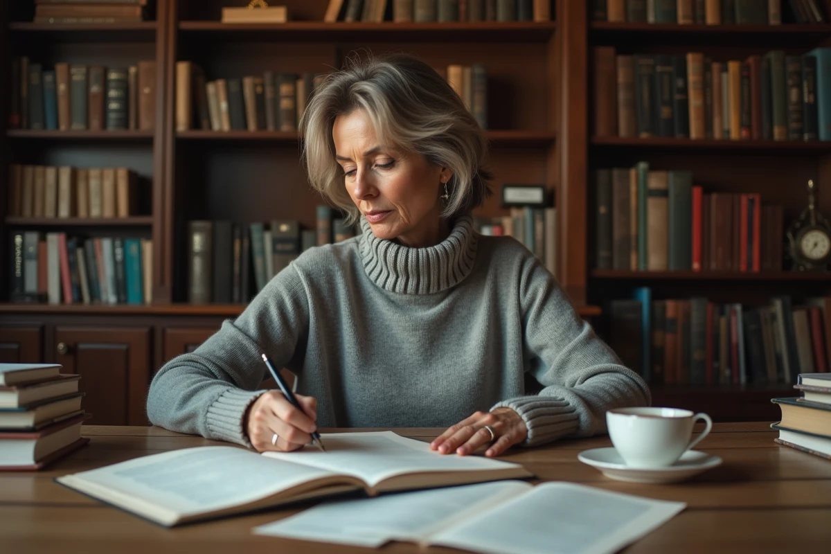 Auteure relisant son manuscrit sur un bureau en bois entouré de piles de pages imprimées dans un bureau à domicile chaleureux