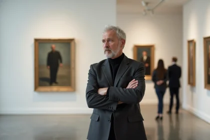 Curateur d'art contemplant la reproduction du tableau La Trahison des images de Magritte dans une galerie contemporaine