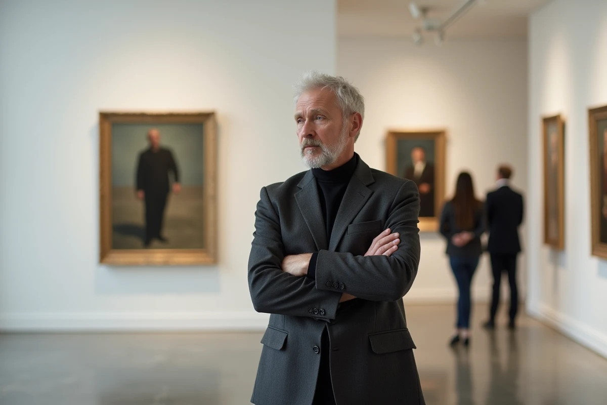Curateur d'art contemplant la reproduction du tableau La Trahison des images de Magritte dans une galerie contemporaine