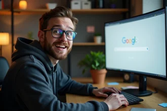 Jeune homme surpris découvrant l'easter egg Google Do a Barrel Roll sur son écran ultrawide dans un bureau à domicile