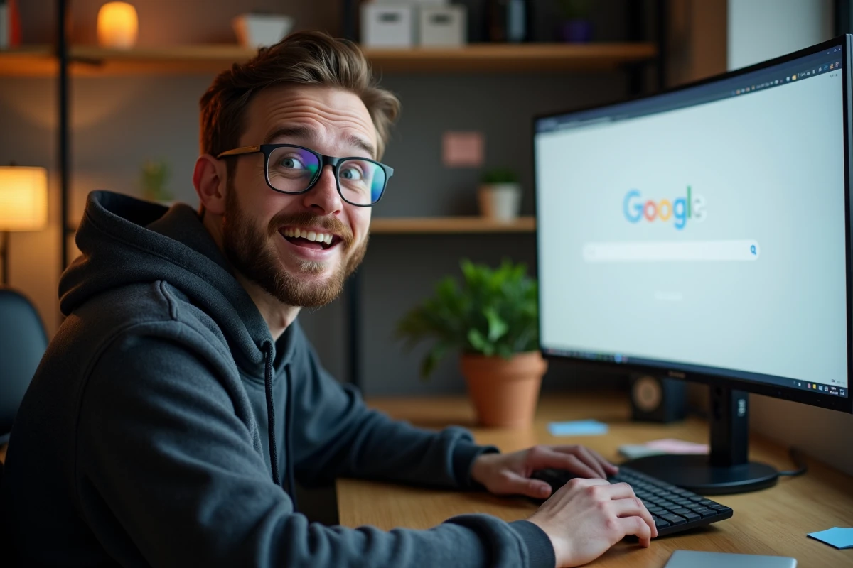 Jeune homme surpris découvrant l'easter egg Google Do a Barrel Roll sur son écran ultrawide dans un bureau à domicile