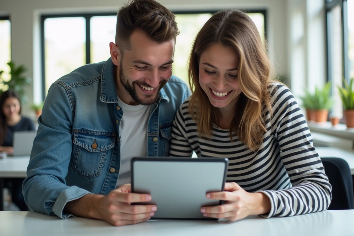 Deux jeunes adultes réagissant ensemble à l'easter egg Do a Barrel Roll de Google sur une tablette dans un espace de coworking