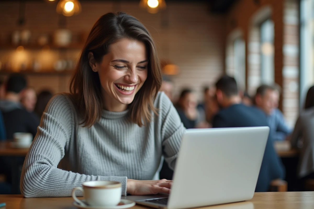 Femme riant en découvrant un easter egg Google sur son ordinateur portable dans un café moderne