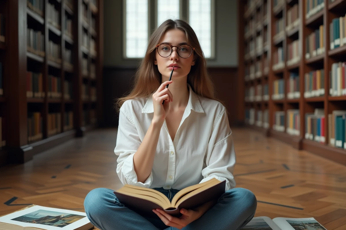 Jeune femme étudiant les livres d'histoire de l'art sur le surréalisme de Magritte dans une bibliothèque universitaire